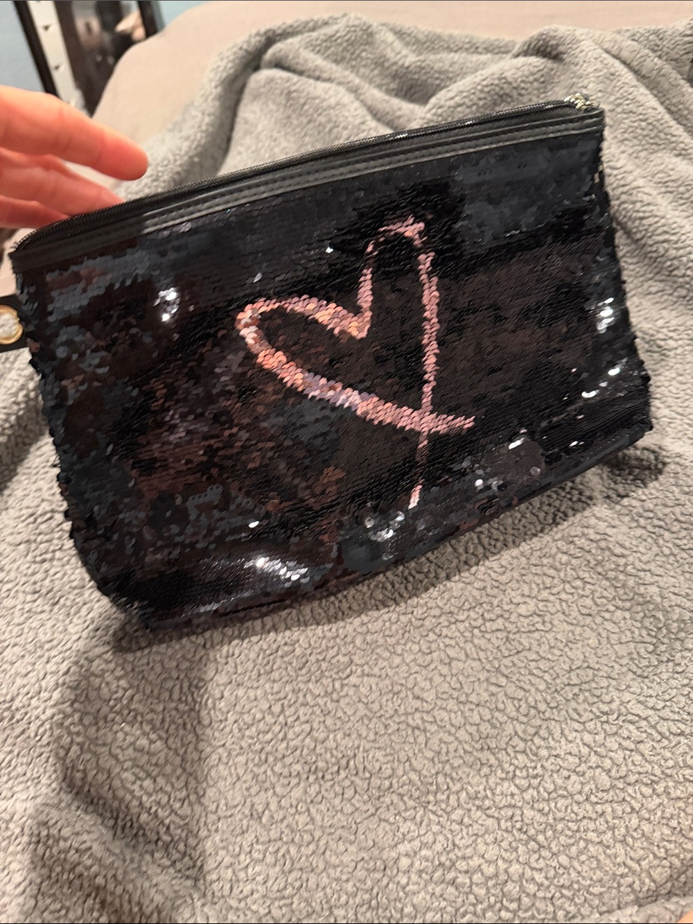 Victoria's Secret Black Sequin Cosmetic Bag with Pink Heart